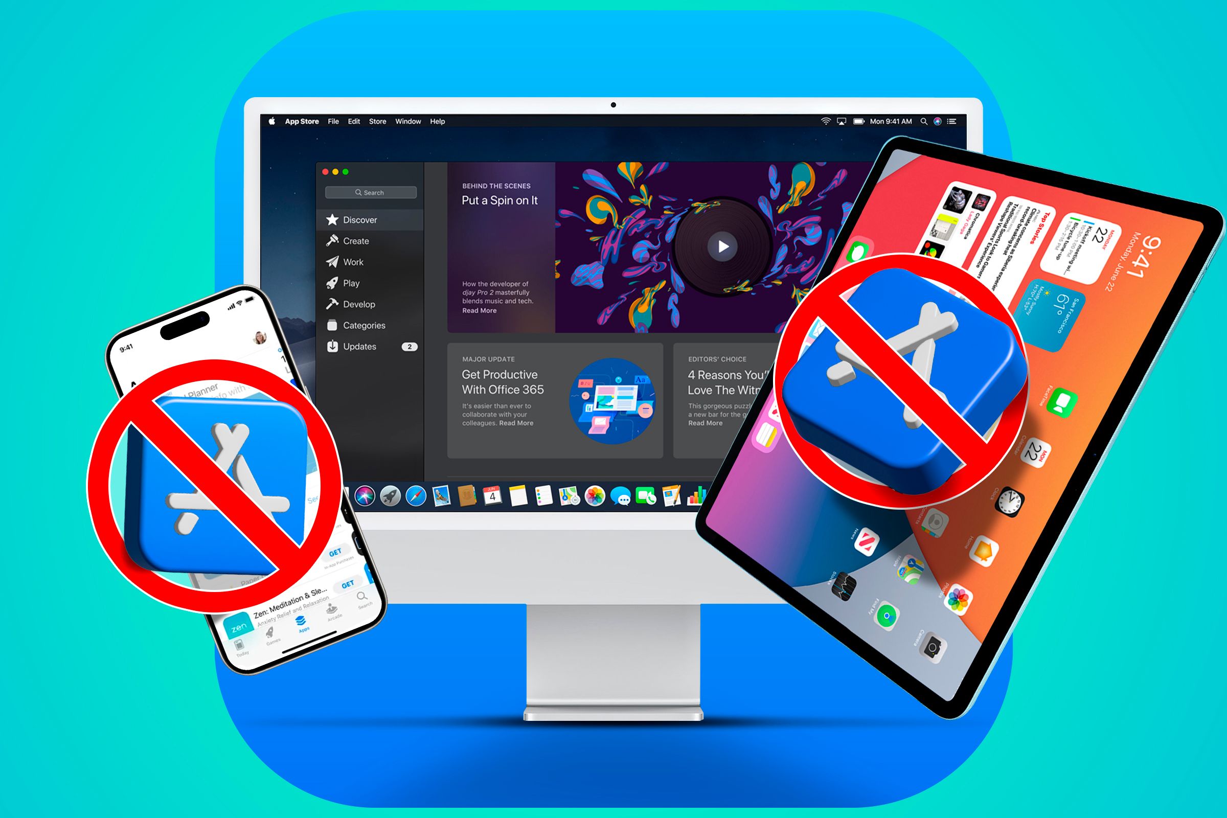 An iMac with an iPhone and an iPad next to it with a 'prohibited' icon on the App Store icon.