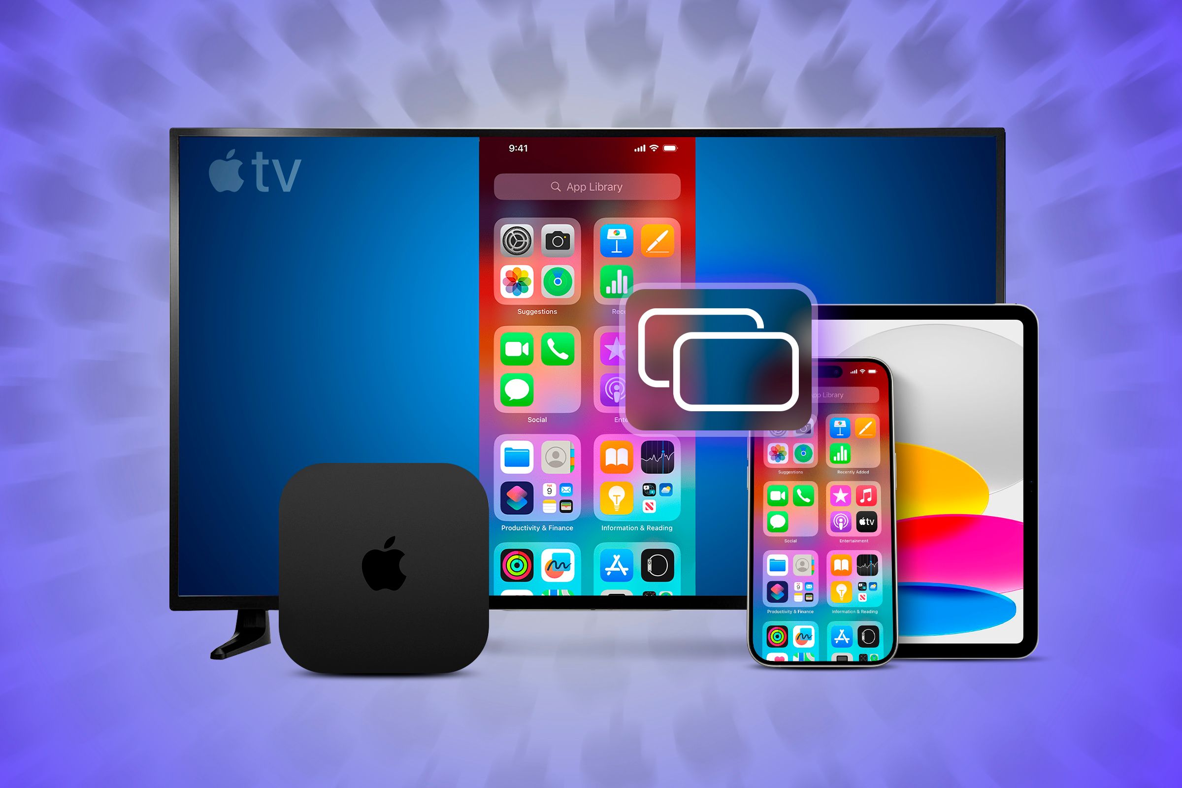 An iPhone mirroring its screen on a TV and an iPad and an Apple TV Box next to it.