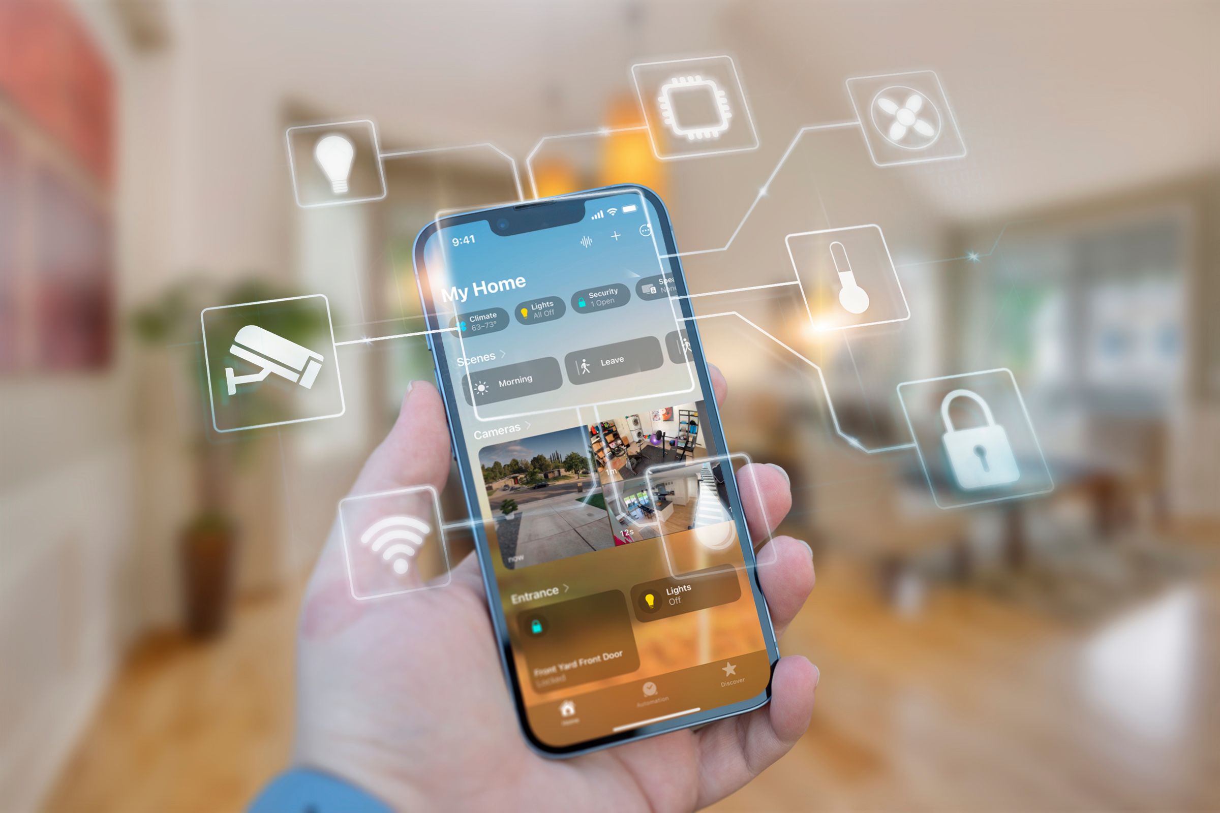 An iPhone showing some smart home scenes with some icons around.