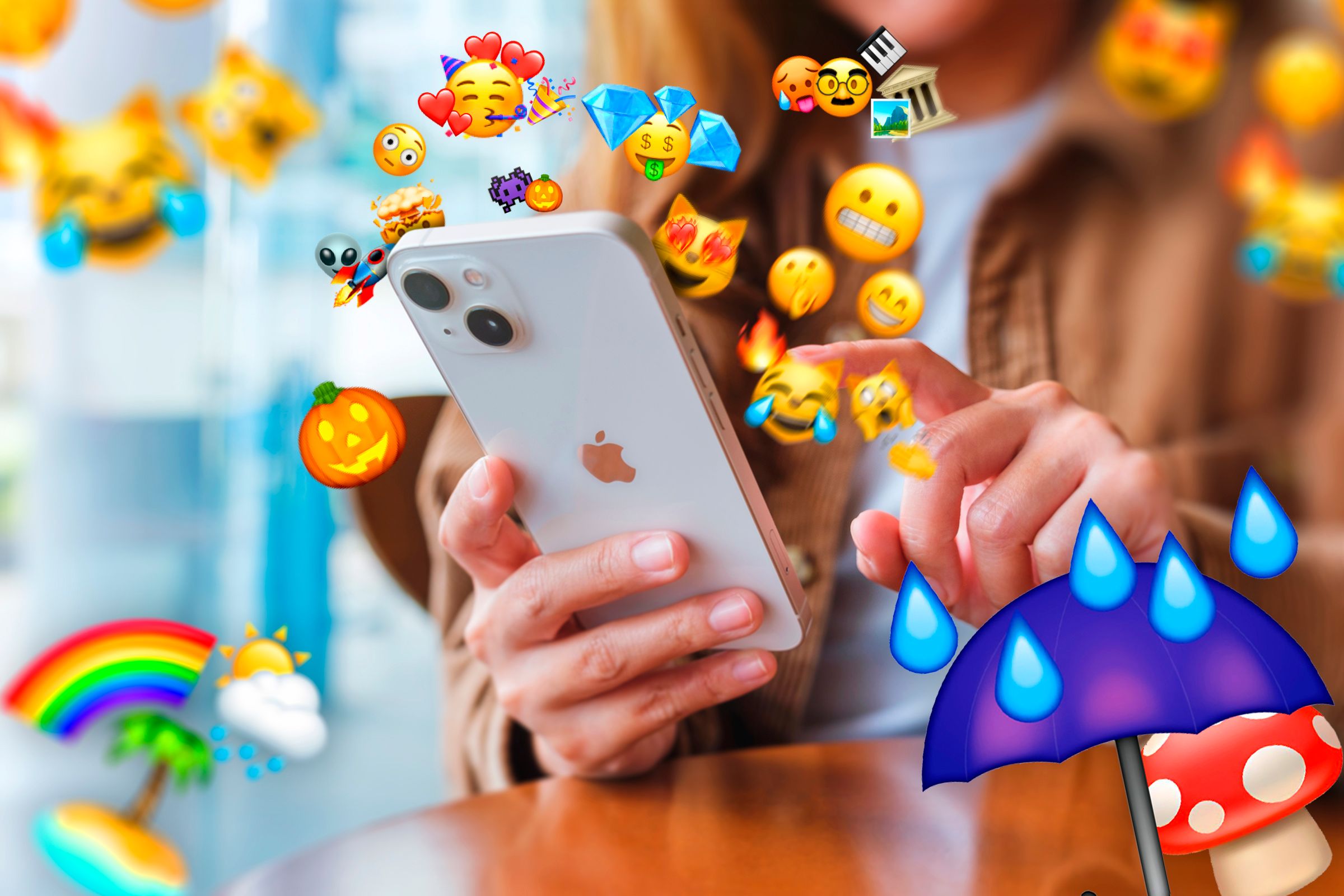 An Iphone with several emojis coming out.-1