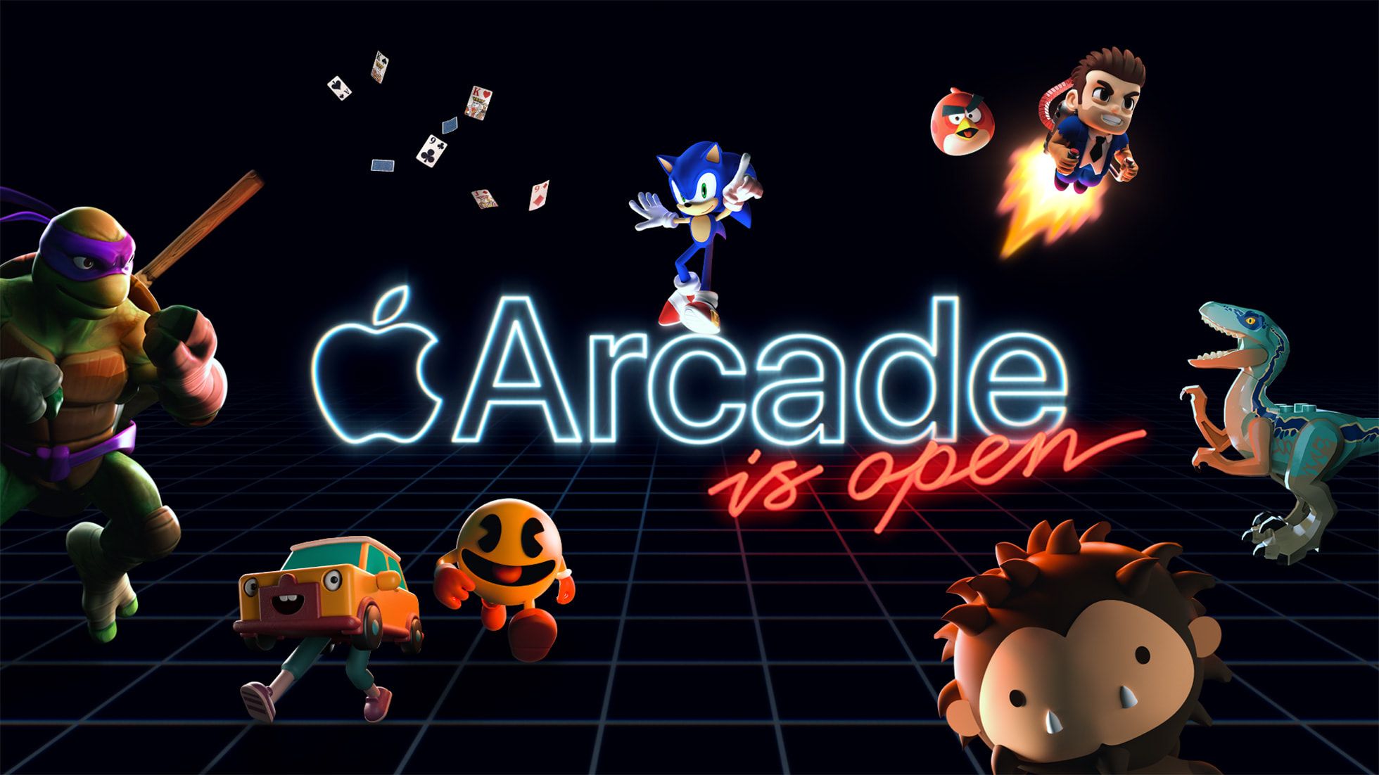 Banner featuring Apple Arcade characters with text reading "Apple Arcade is open".