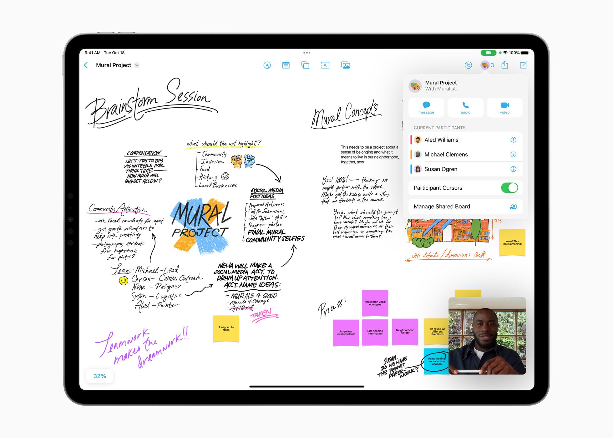 Freeform board with several collaborators and a FaceTime conversation.