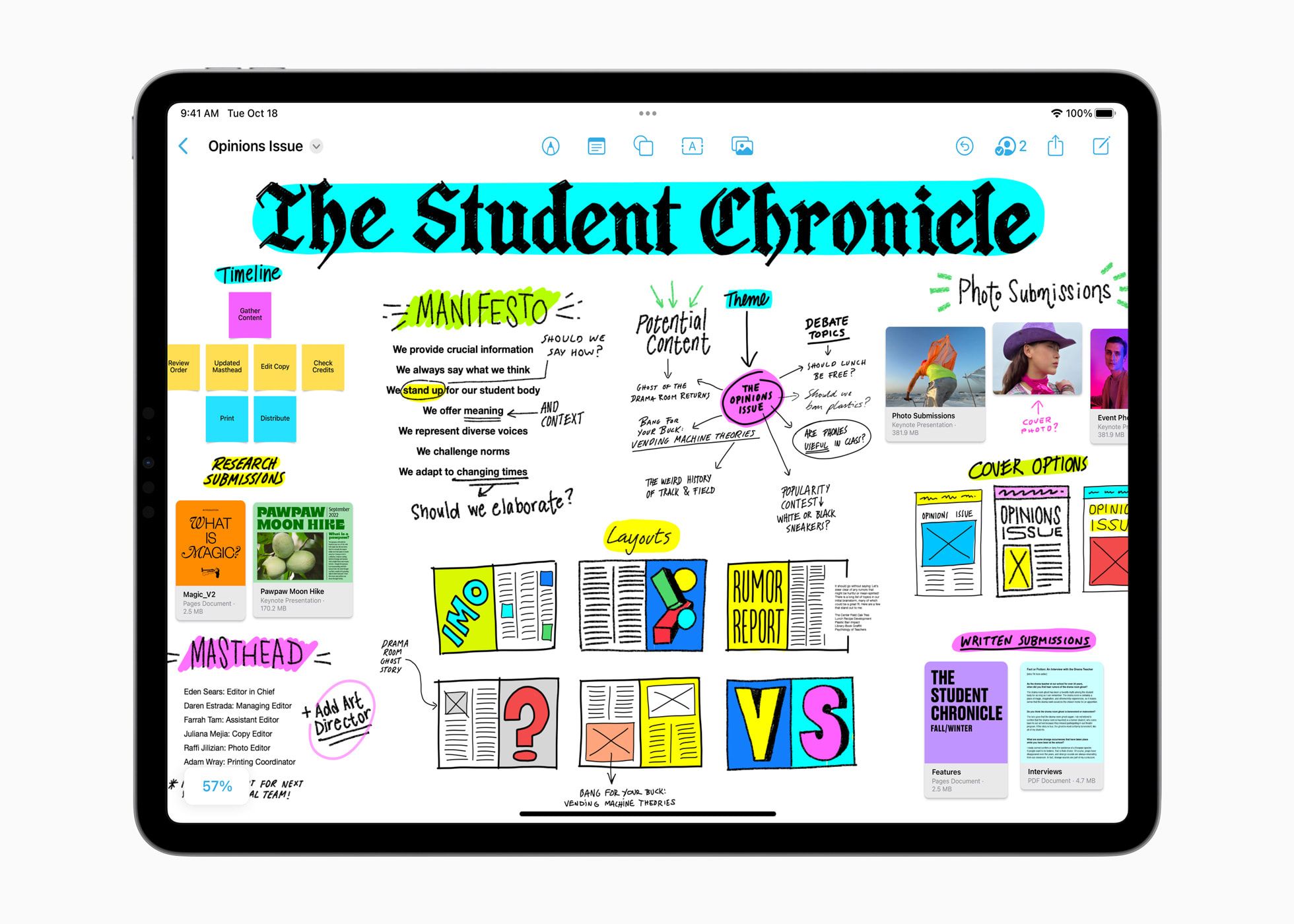 Freeform board with ideas, sketches, and text for a newspaper issue.