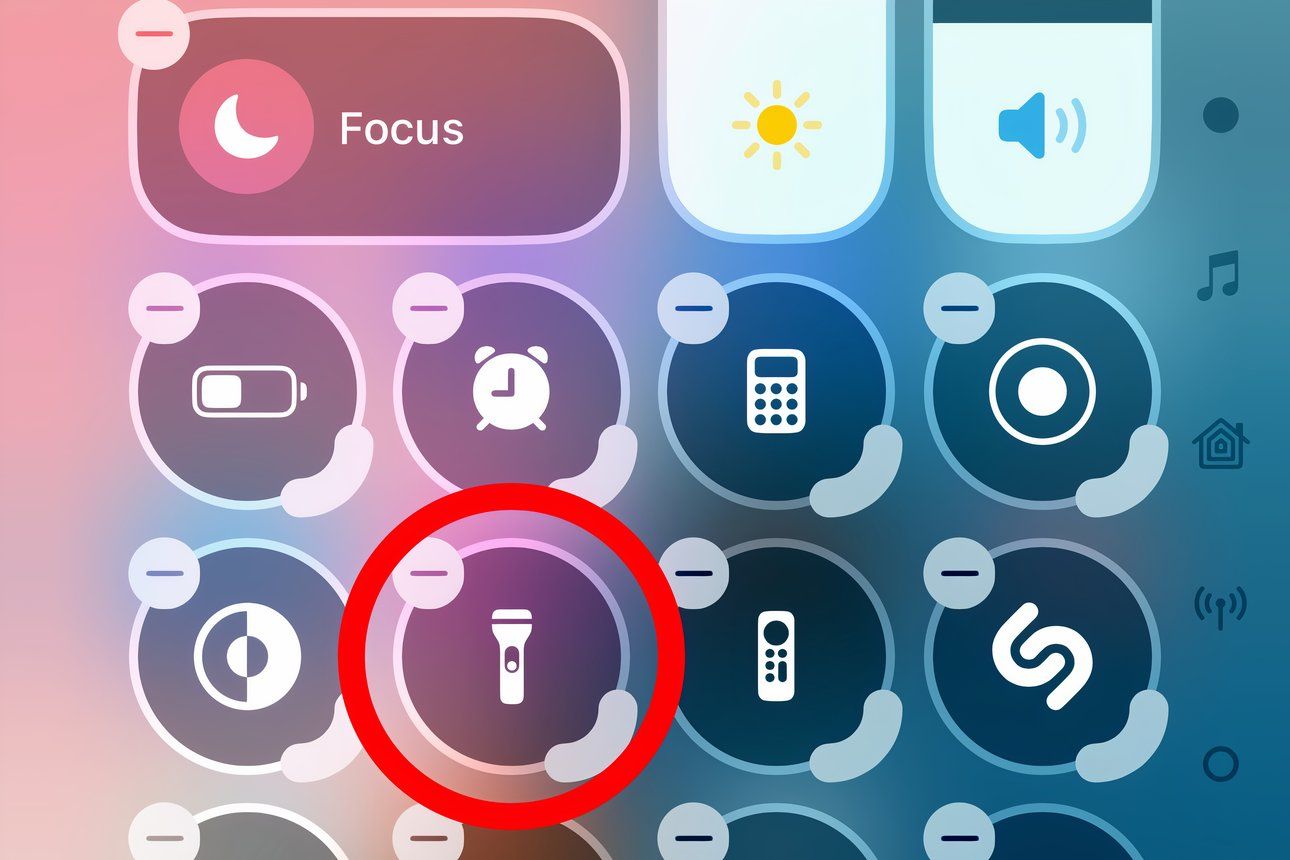 A part of the iPhone's Control Center in Edit mode, with the flashlight icon annotated.