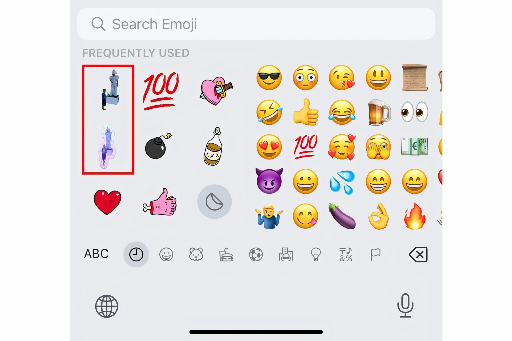 Emoji keyboard on iPhone with animated stickers created from Live Photos annotated.