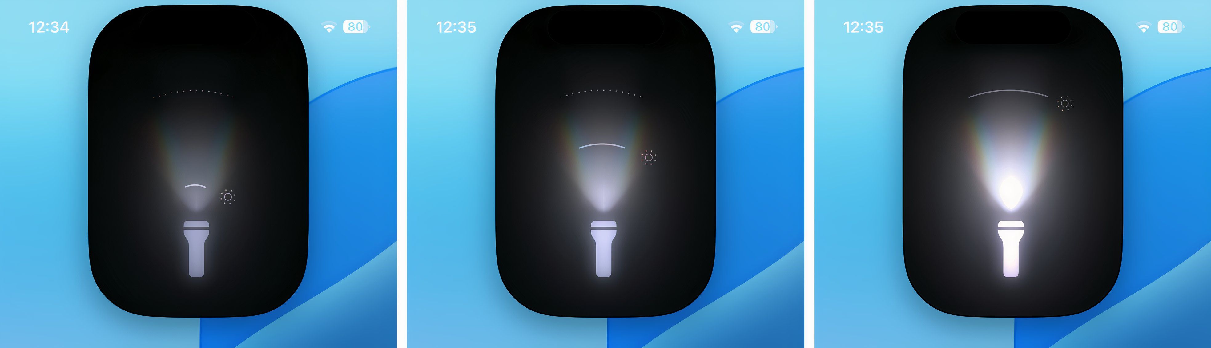 Three iPhone screenshots of iOS 18's flashlight interface showcasing setting LED light intensity between low, medium, and high.