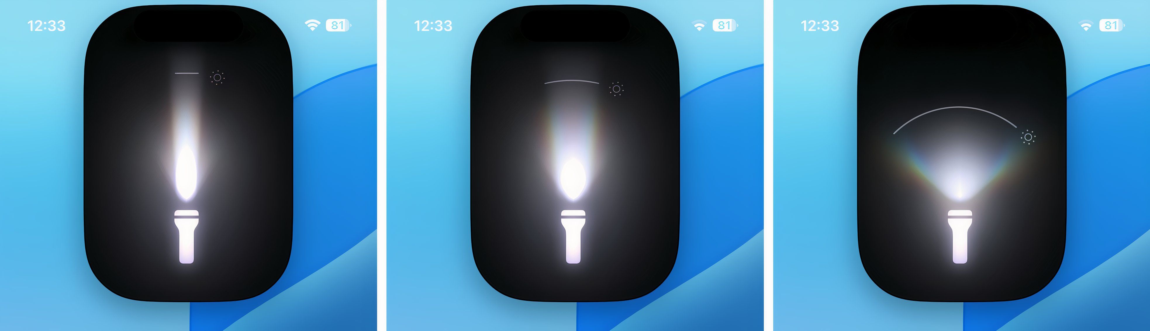 Three iPhone screenshots of iOS 18's flashlight interface showcasing setting the width of light beam between narrow, medium, and wide.