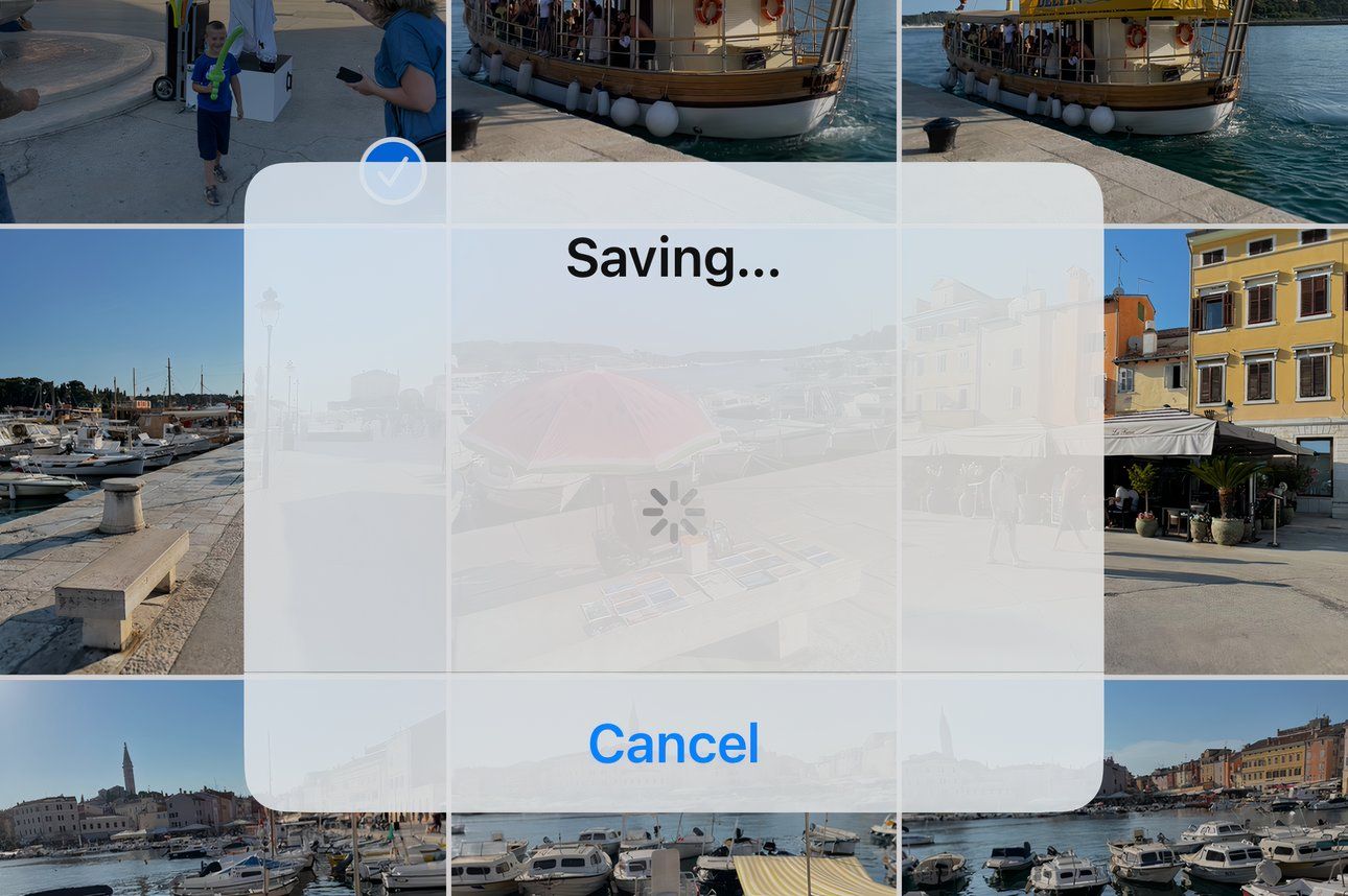 An overlay in the iPhone's Photos app displaying a "Saving" message.