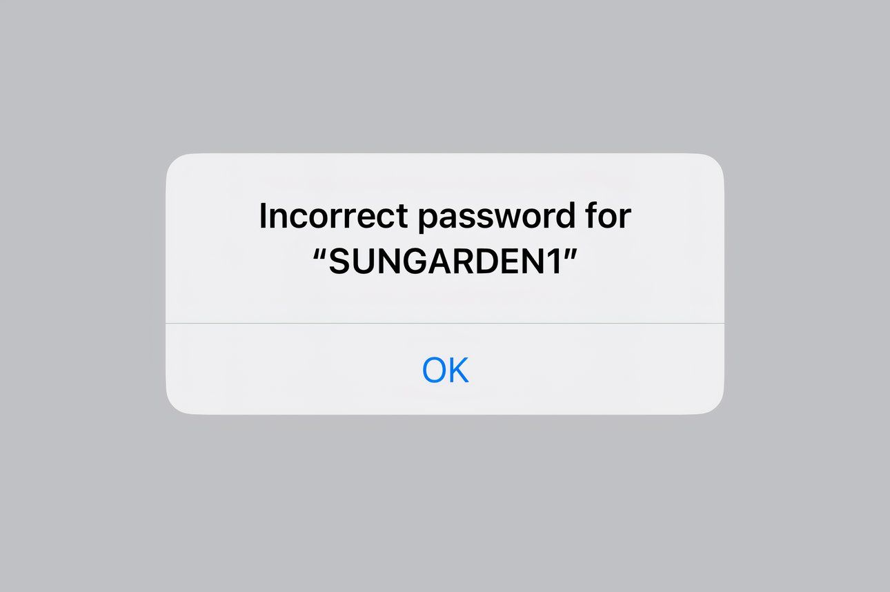 The iPhone's Settings app displaying an incorrect Wi-Fi password message.