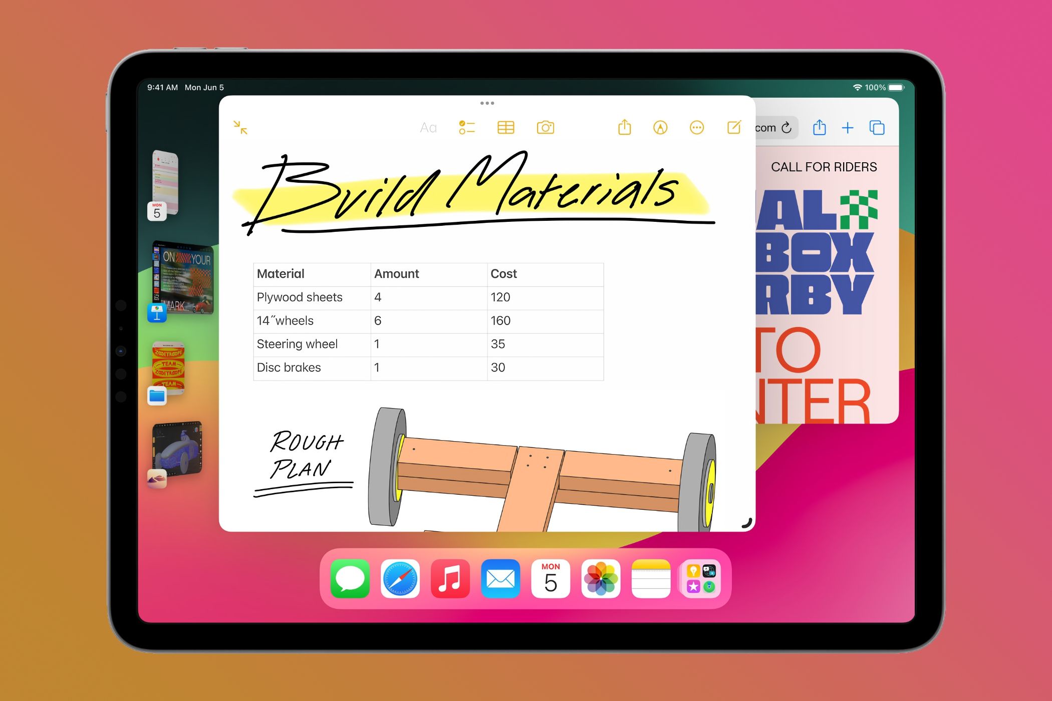 iPad with the Stage Manager multitasking feature, set against a colorful background.