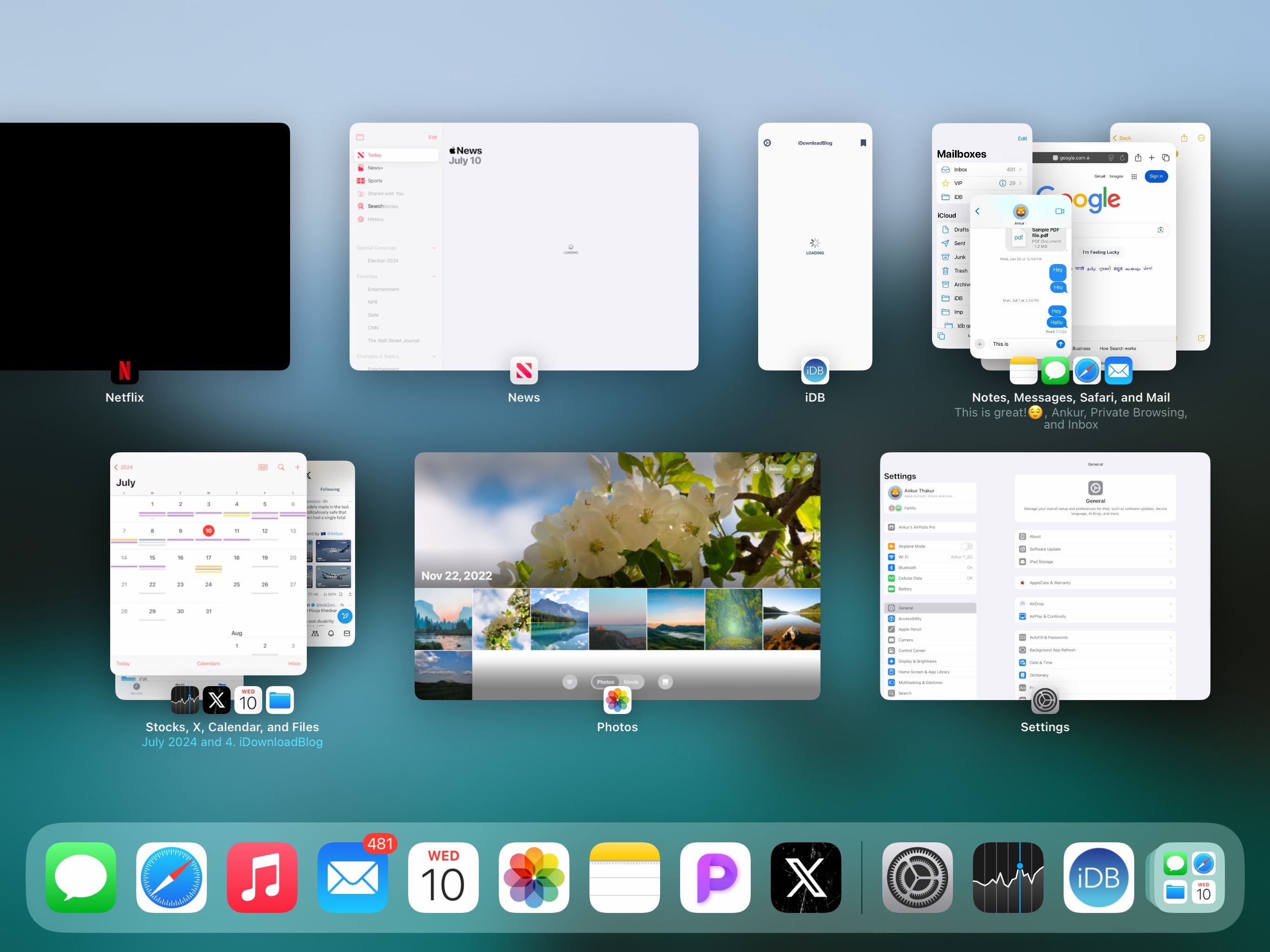 The iPad task switcher showing individual app thumbnails and two Stage Manager workspaces with four apps in each.