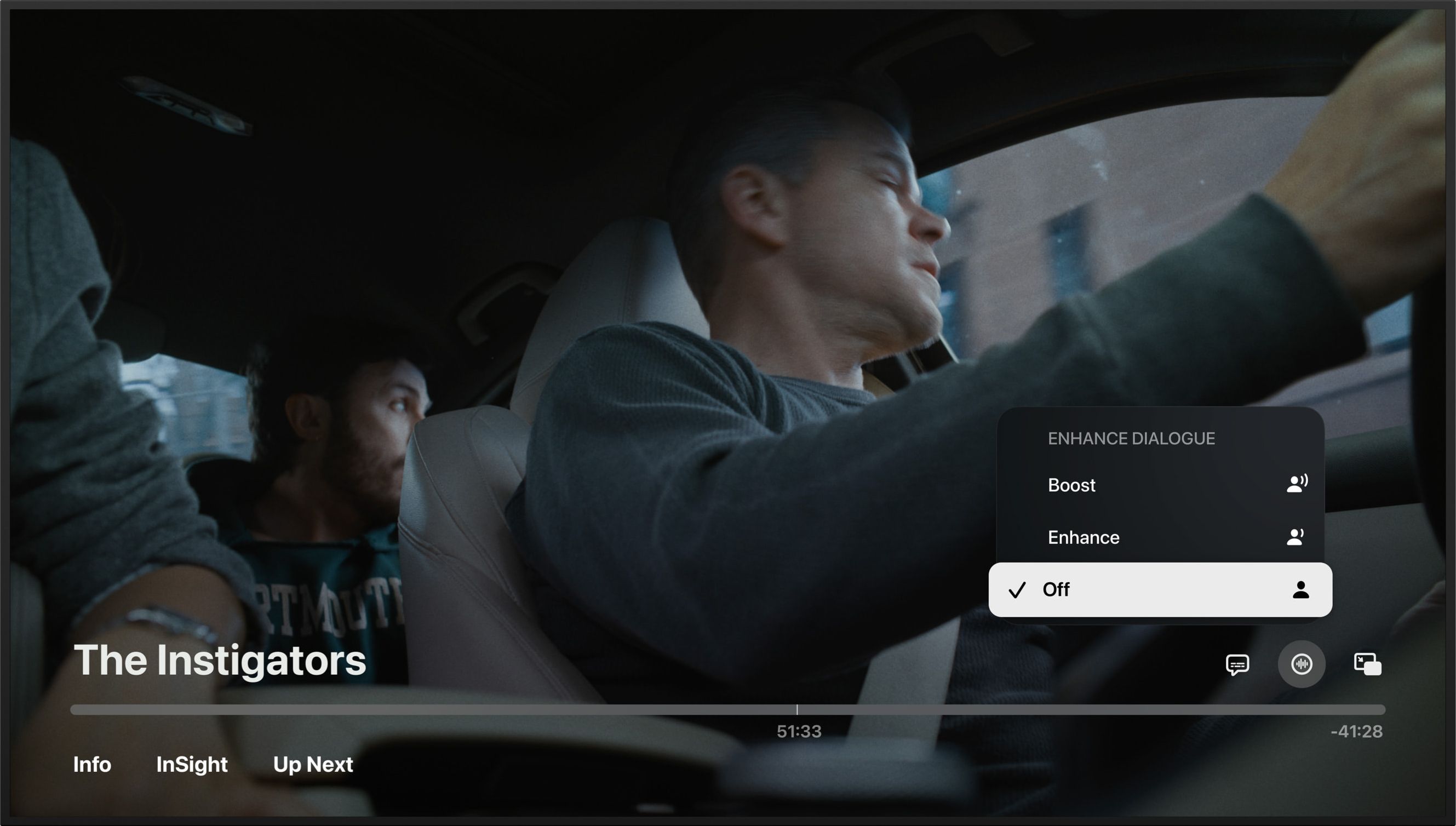 The Apple TV App playing a movie, with the Enhance Dialogue set to Off in the Audio menu.