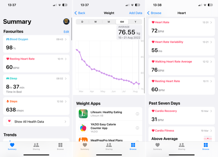 Apple Health for iPhone displaying summary, weight tracking, and heart health.