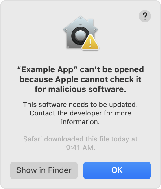 MacOS warning message alerting users to potential malicious software.