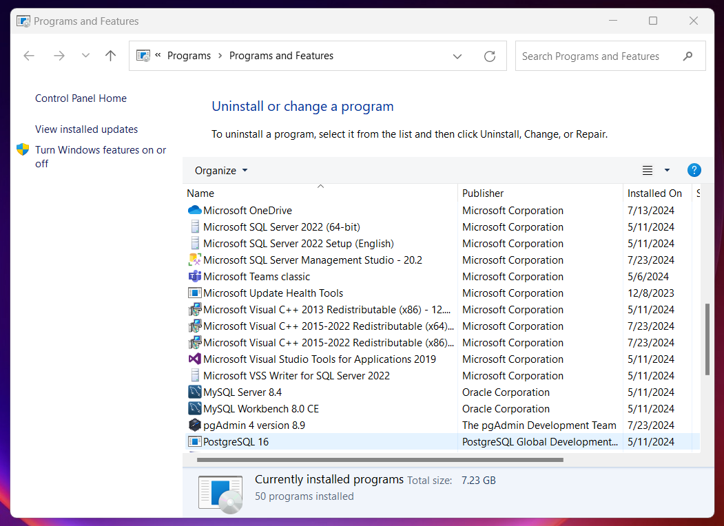 A list of installed programs showing in Programs and Features window.