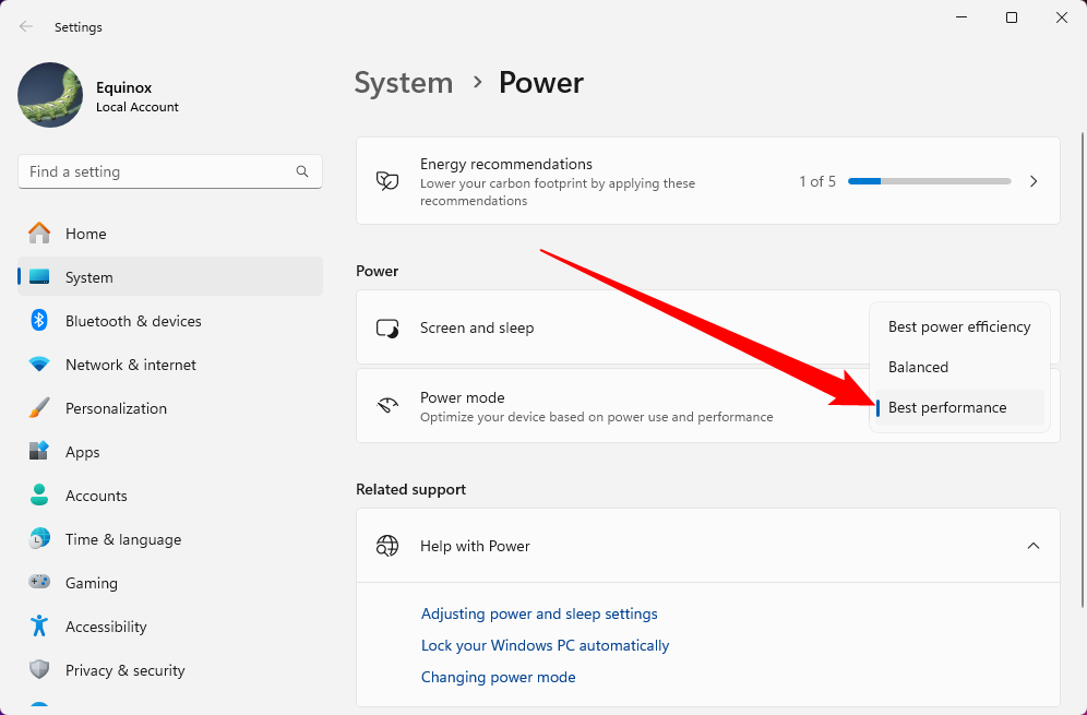 Select 'Best Performance' in the Power section.