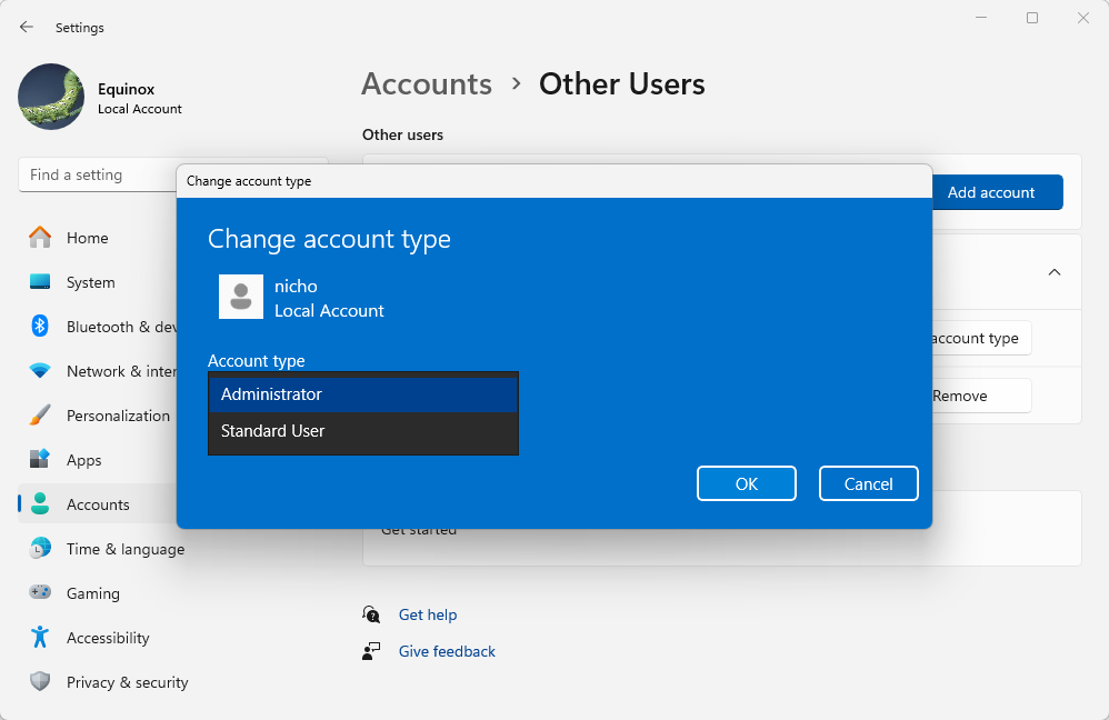 Changing the account type from standard to administrator.