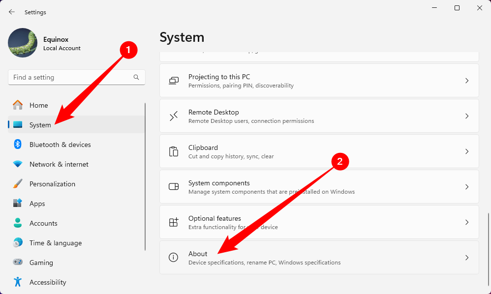 The System tab selected, with 'About' indicated.