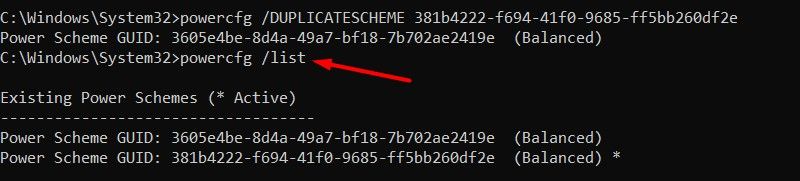 Command to view duplicate power scheme in CMD.