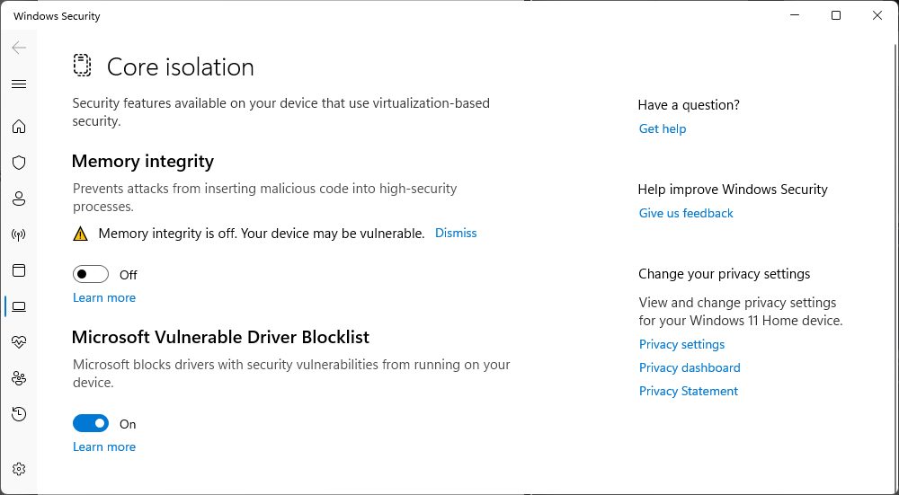 Memory Integrity has been disabled on our example PC.