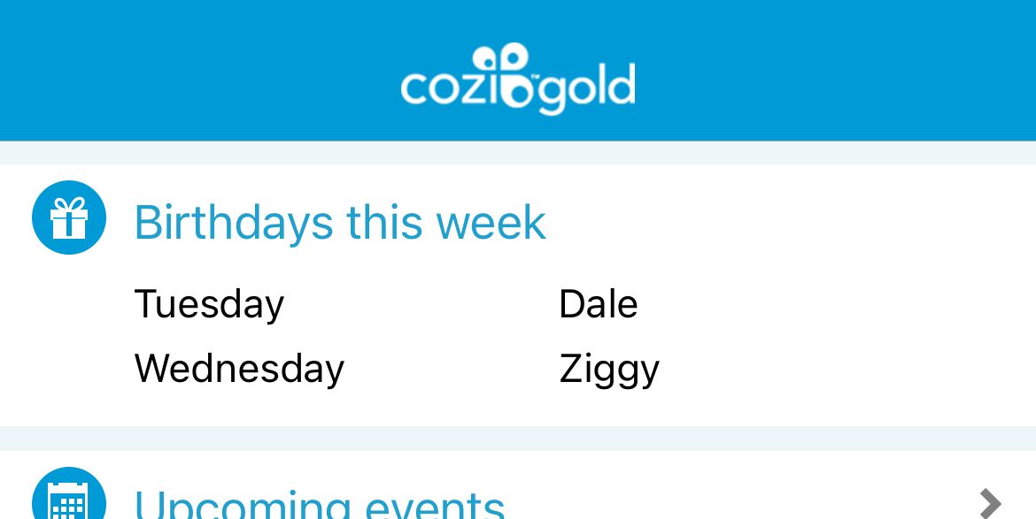 The Home tab of the Cozi app.