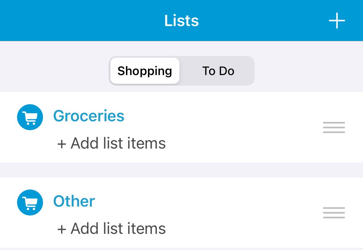 The Groceries and Other lists in the Cozi app.