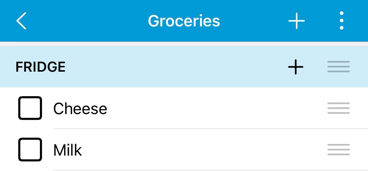 The Cozi Groceries list with categories and items added.