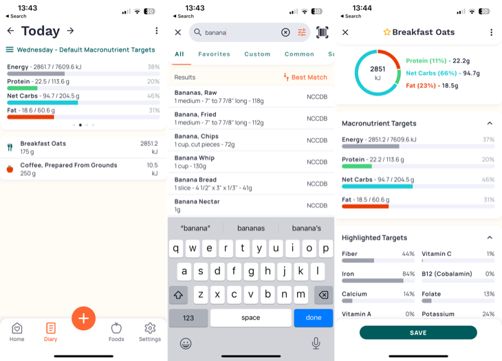 Cronometer meal tracking app for iPhone.