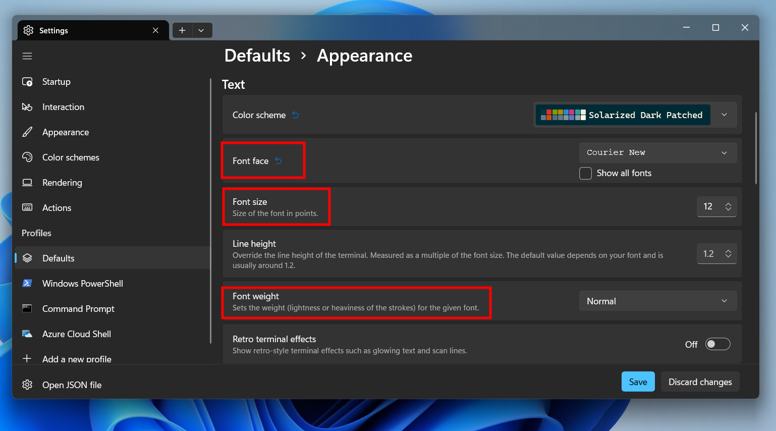 Dfferent font settings in Windows Terminal