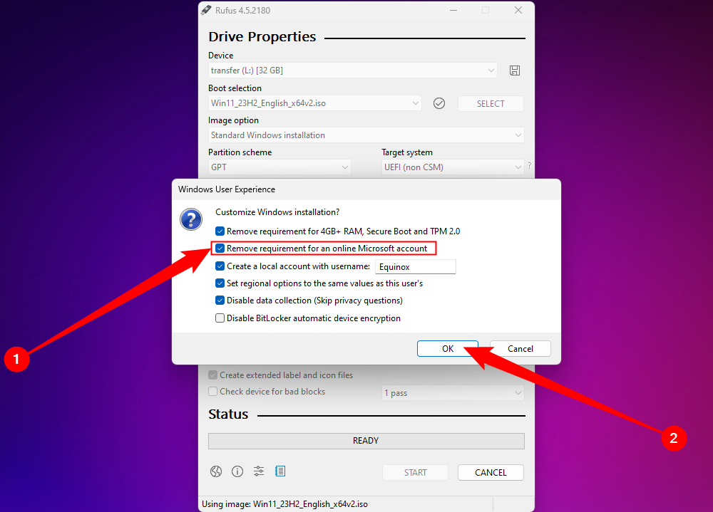 Disabling the Microsoft Account requirement via Rufus.