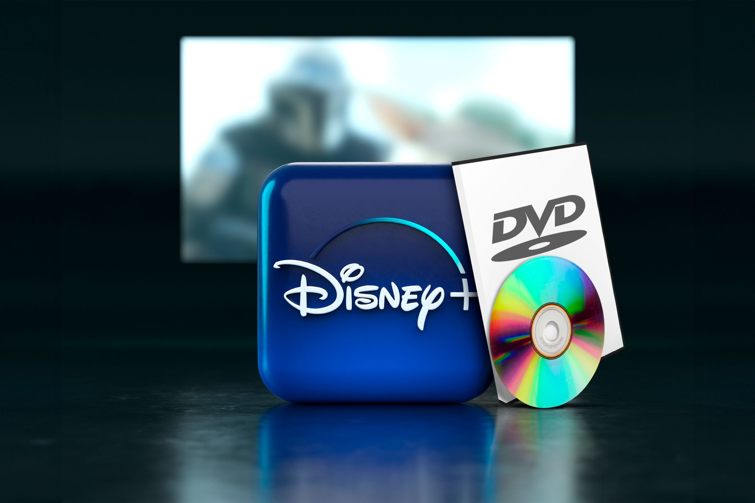 Disney+ app logo next to a DVD.