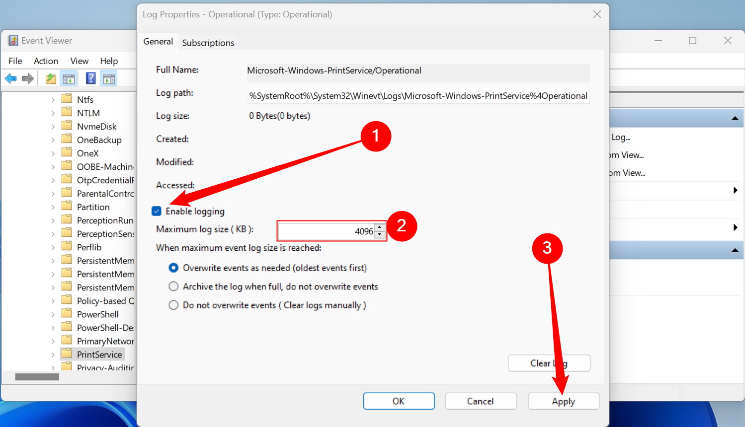 Tick the box next to 'Enable Logging,' set the log size you want, then click 'Apply.'