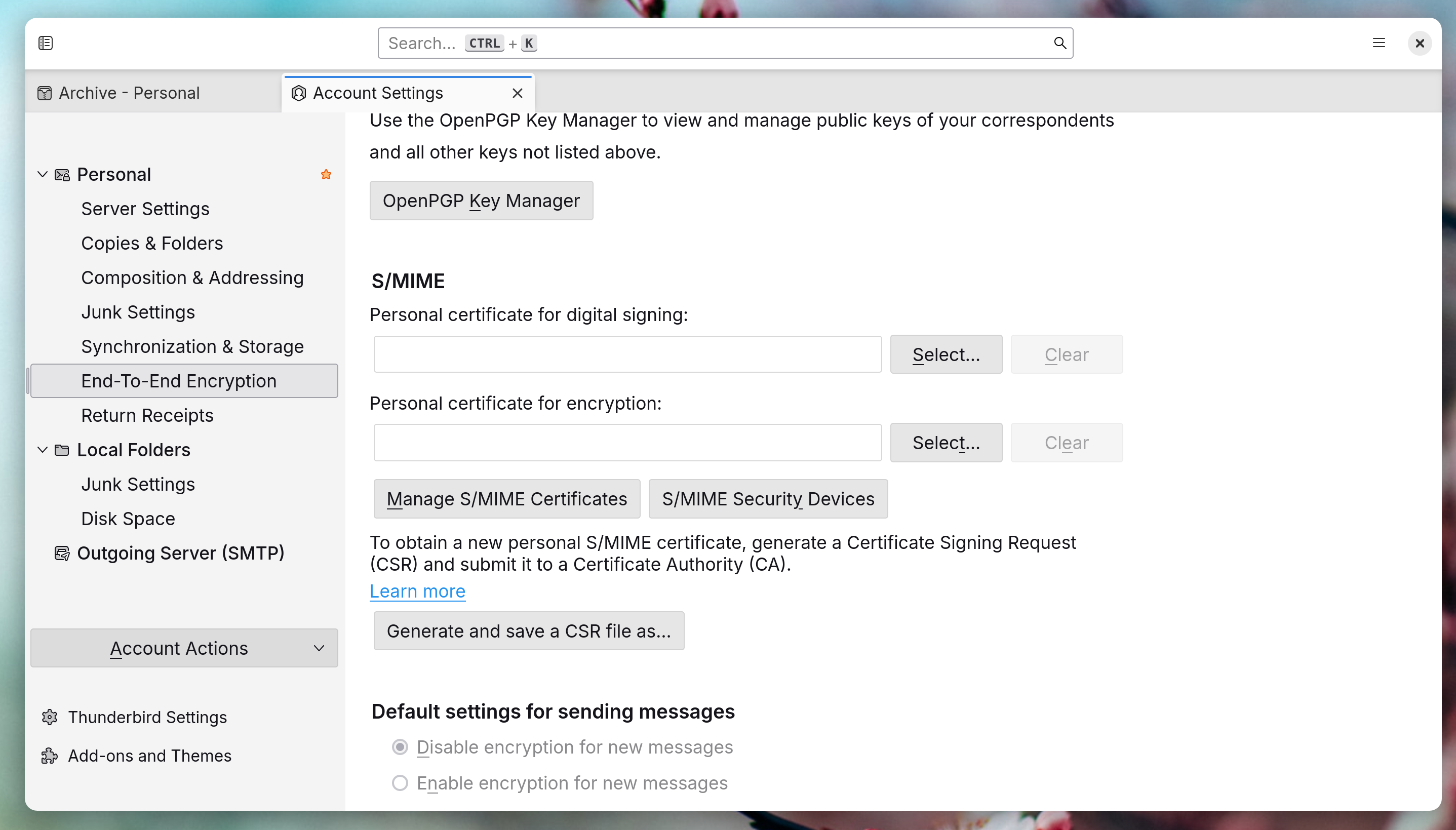 End-to-end encryption settings in Thunderbird on Linux.