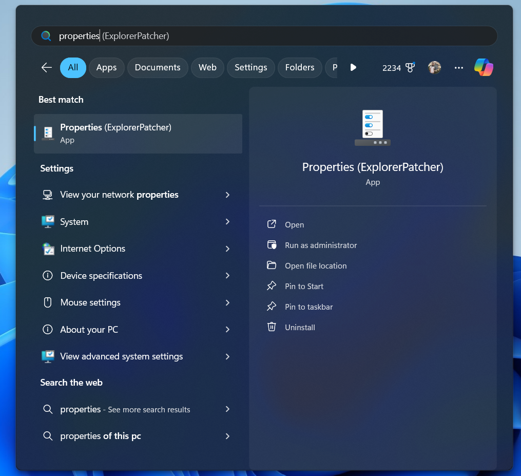 ExplorerPatcher Properties app in the search bar.