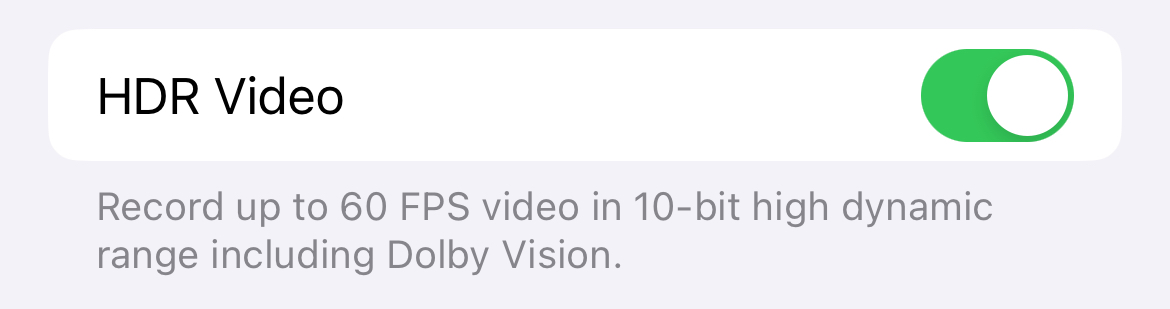 Toggling HDR video in the iPhone Camera settings.