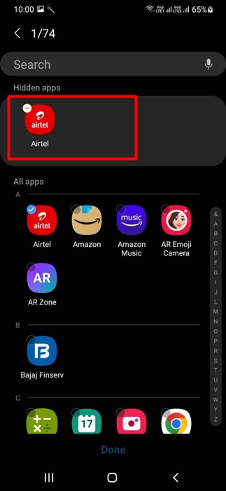 apps hidden will appear on the top