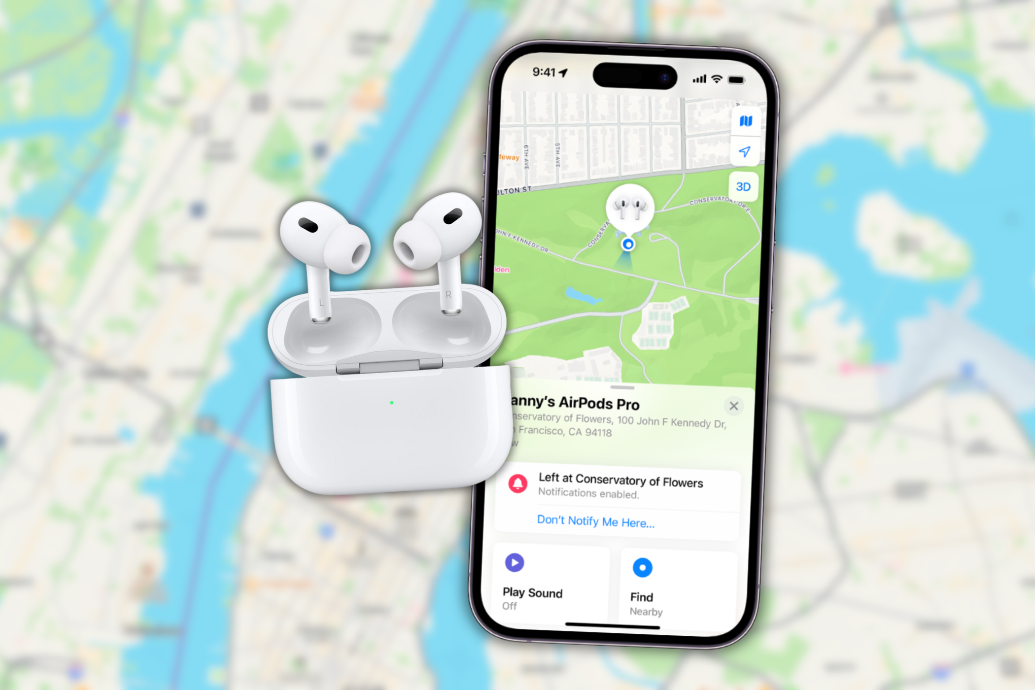 iPhone and AirPods against an Apple Maps background.