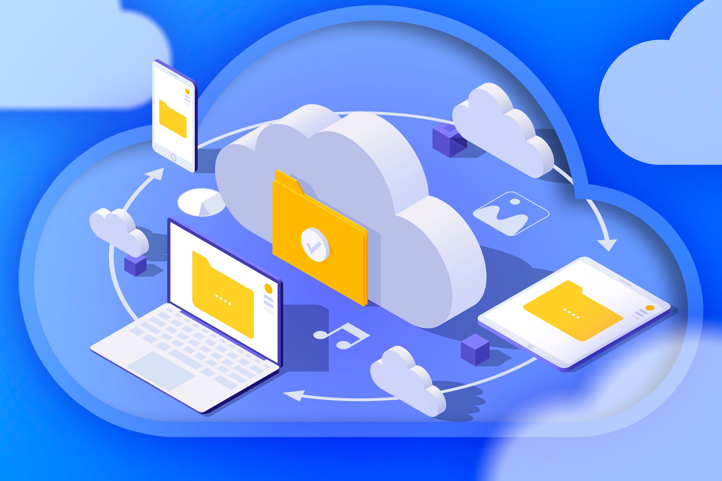 Illustration of a cloud surrounded by a laptop, smartphone, tablet, and some files.