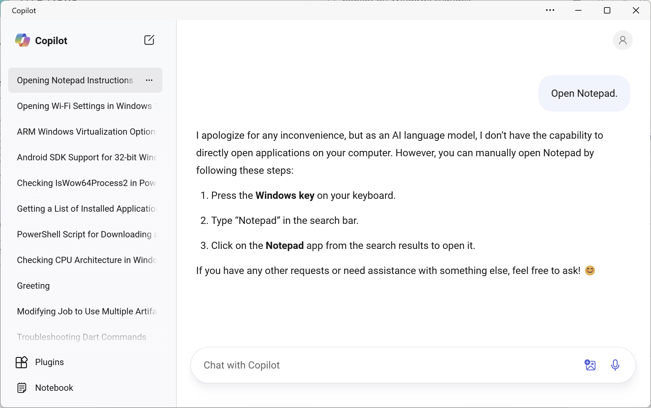 Asking Copilot to open Notepad, it responds with a step-by-step tutorial.