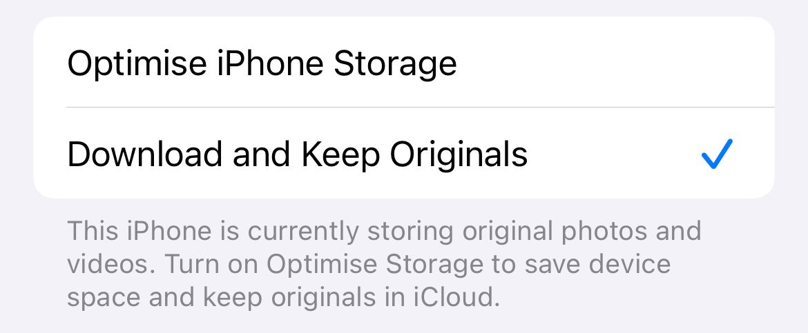 Enable original photo storage on an iPhone.