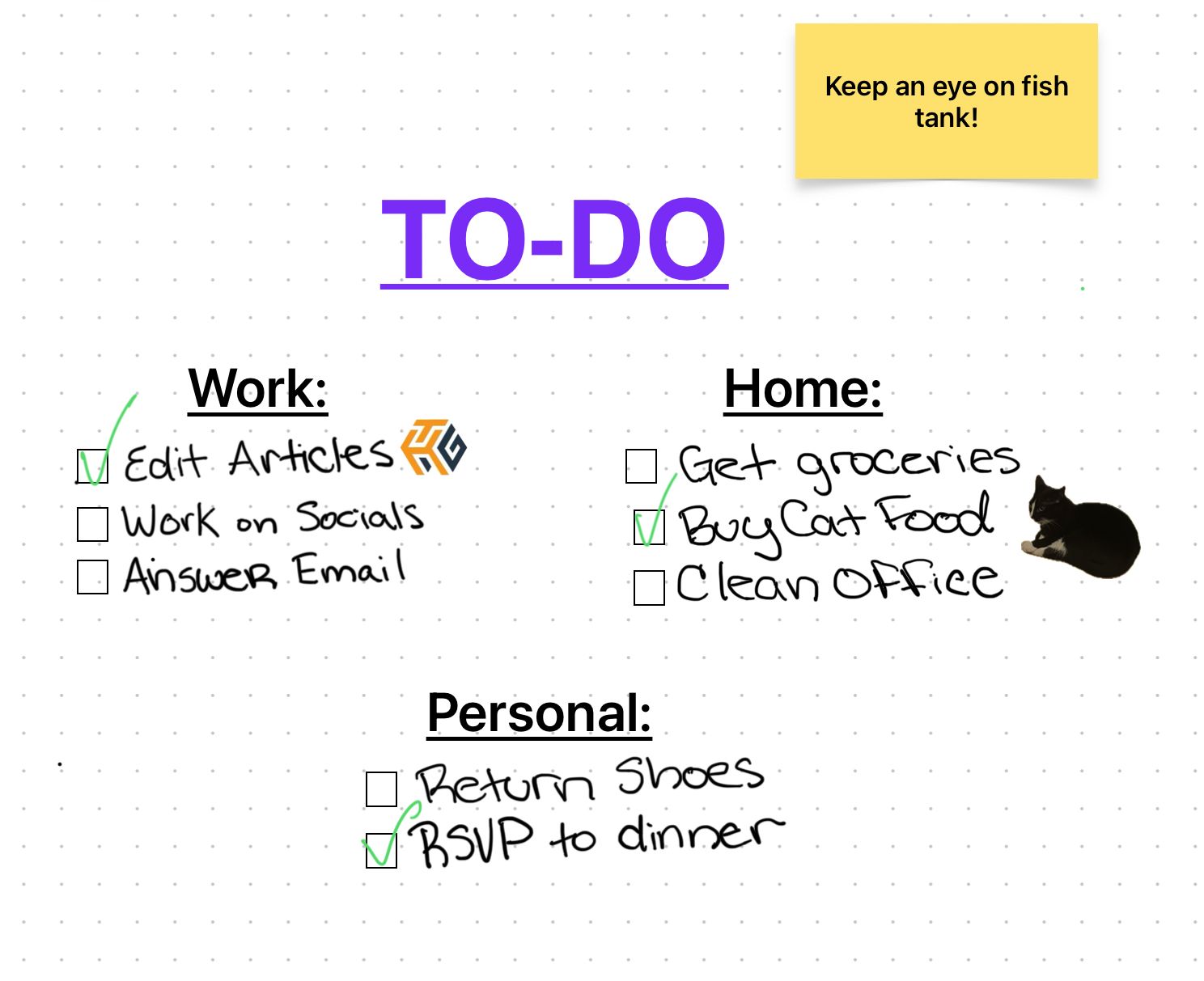 Freeform board with to-do list, including work, personal, and home sections.