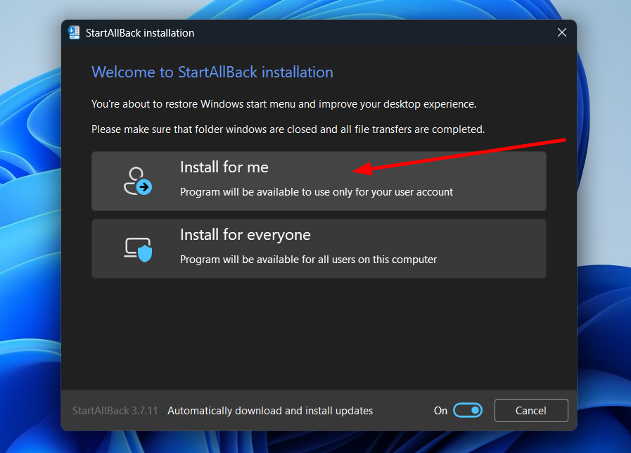 Installing StartAllBack on Windows 11