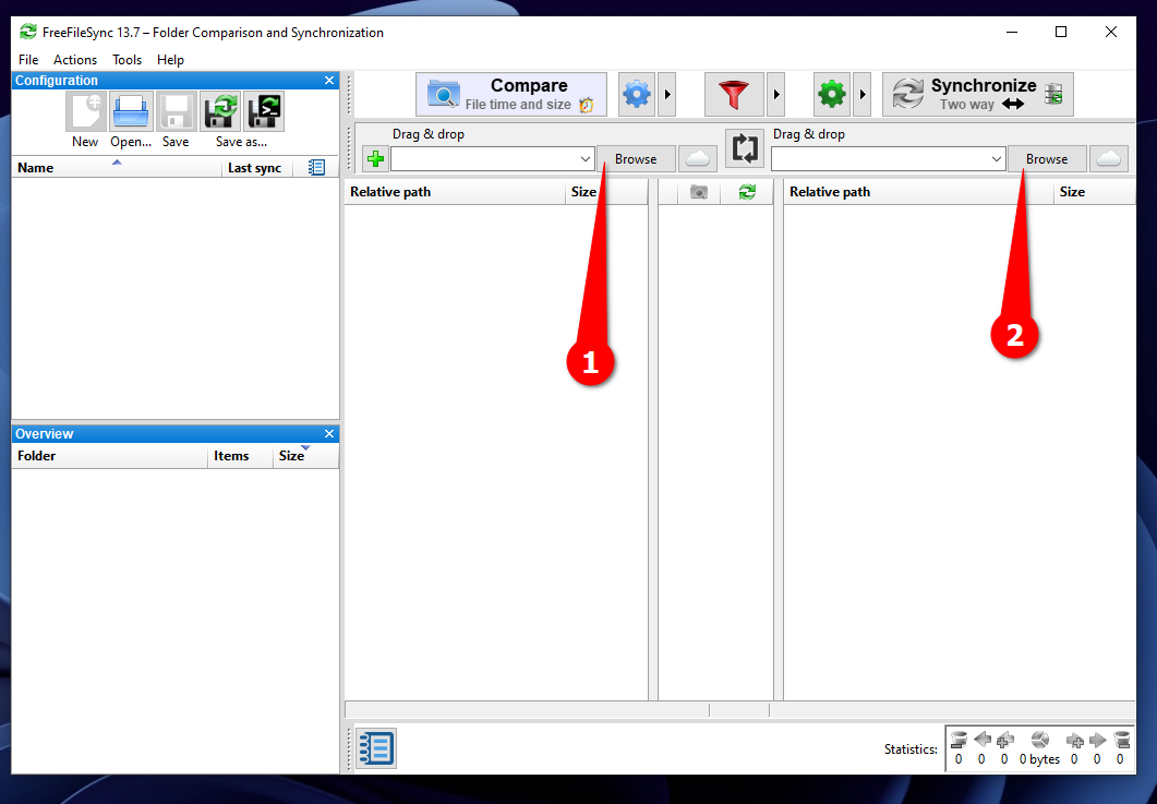 Selecting source and backup directories on FreeFileSync.