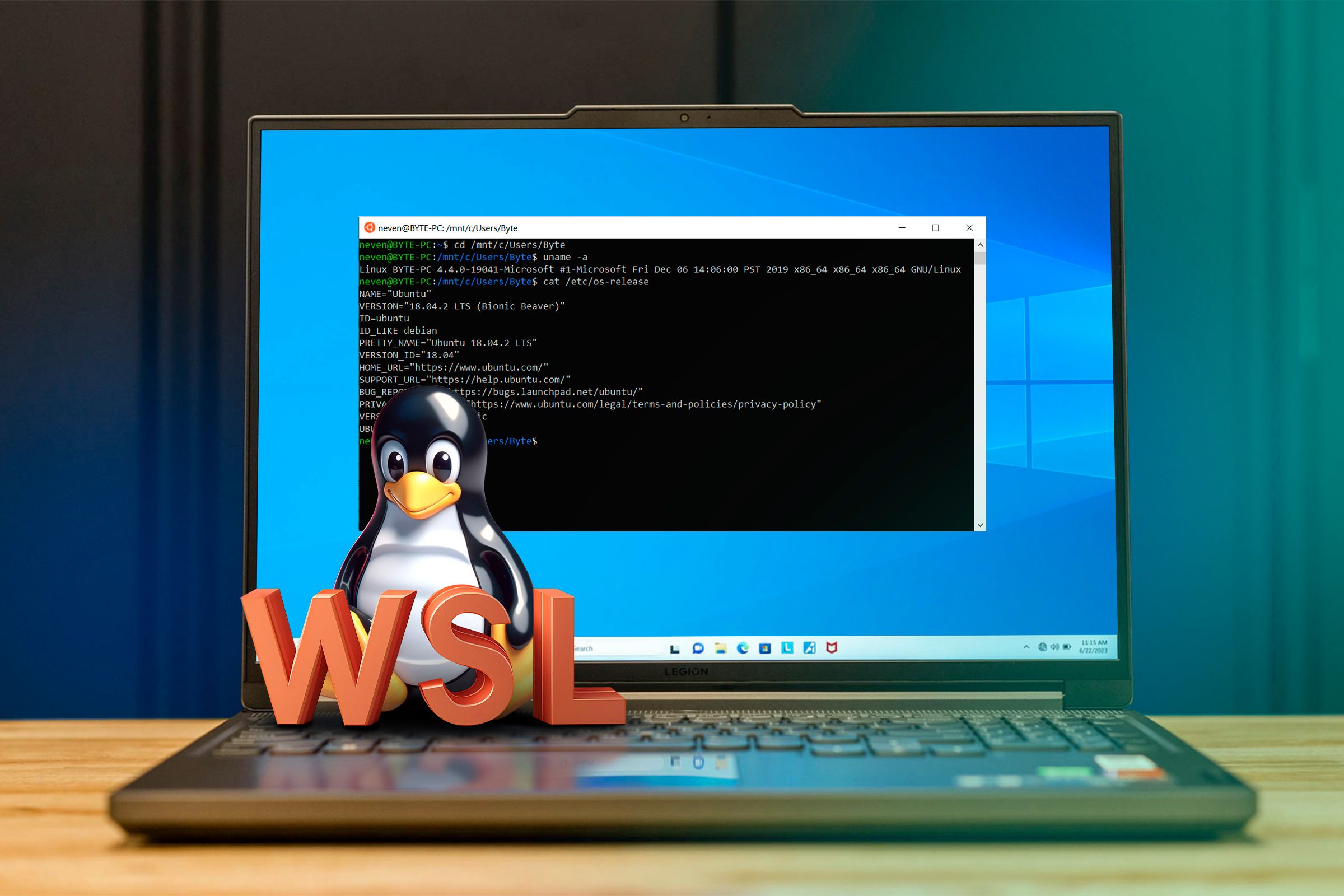 Laptop with Bash running on Windows 10 and tux above the keyboard.