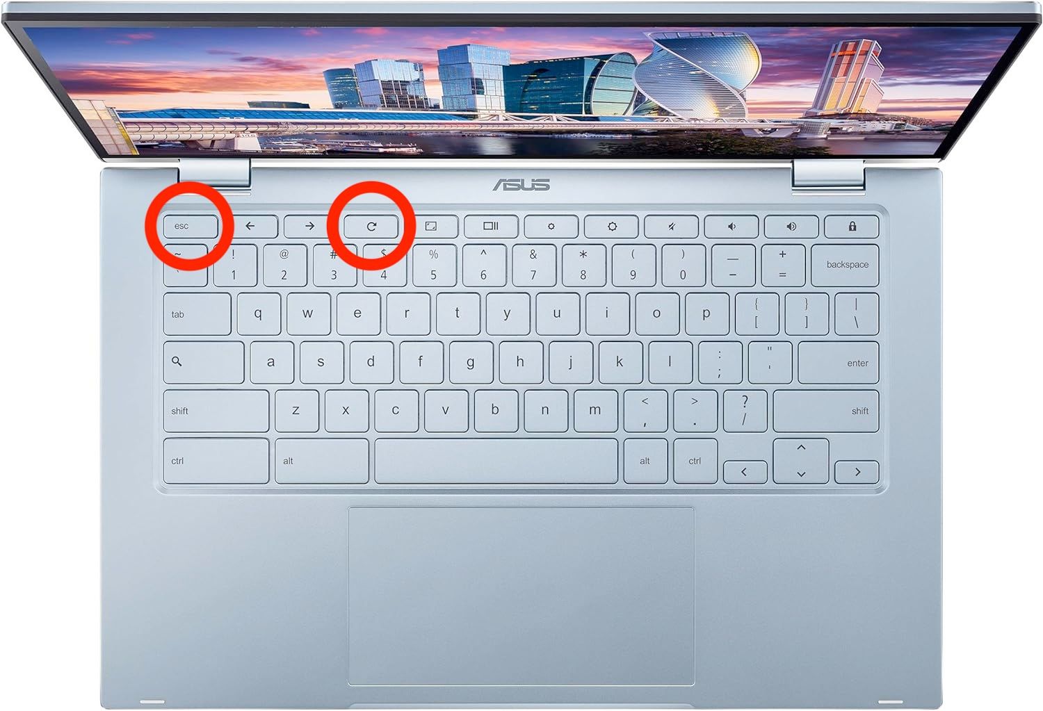 Image of Chromebook laptop with escape and refresh keys highlighted.