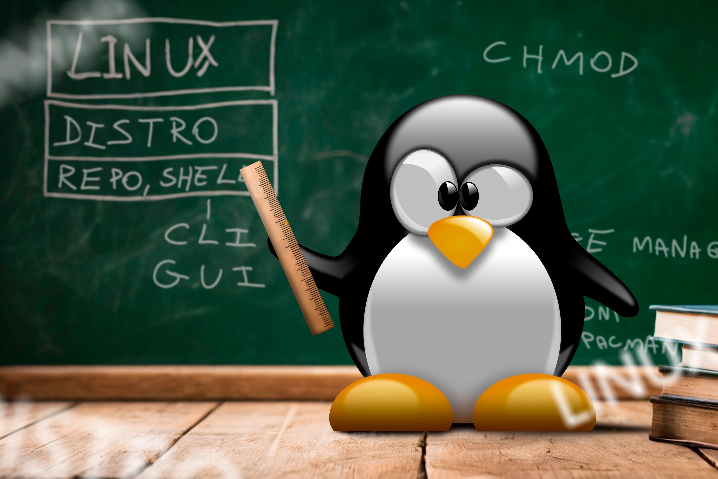 Linux mascot in front of a blackboard teaching some Linux terms.