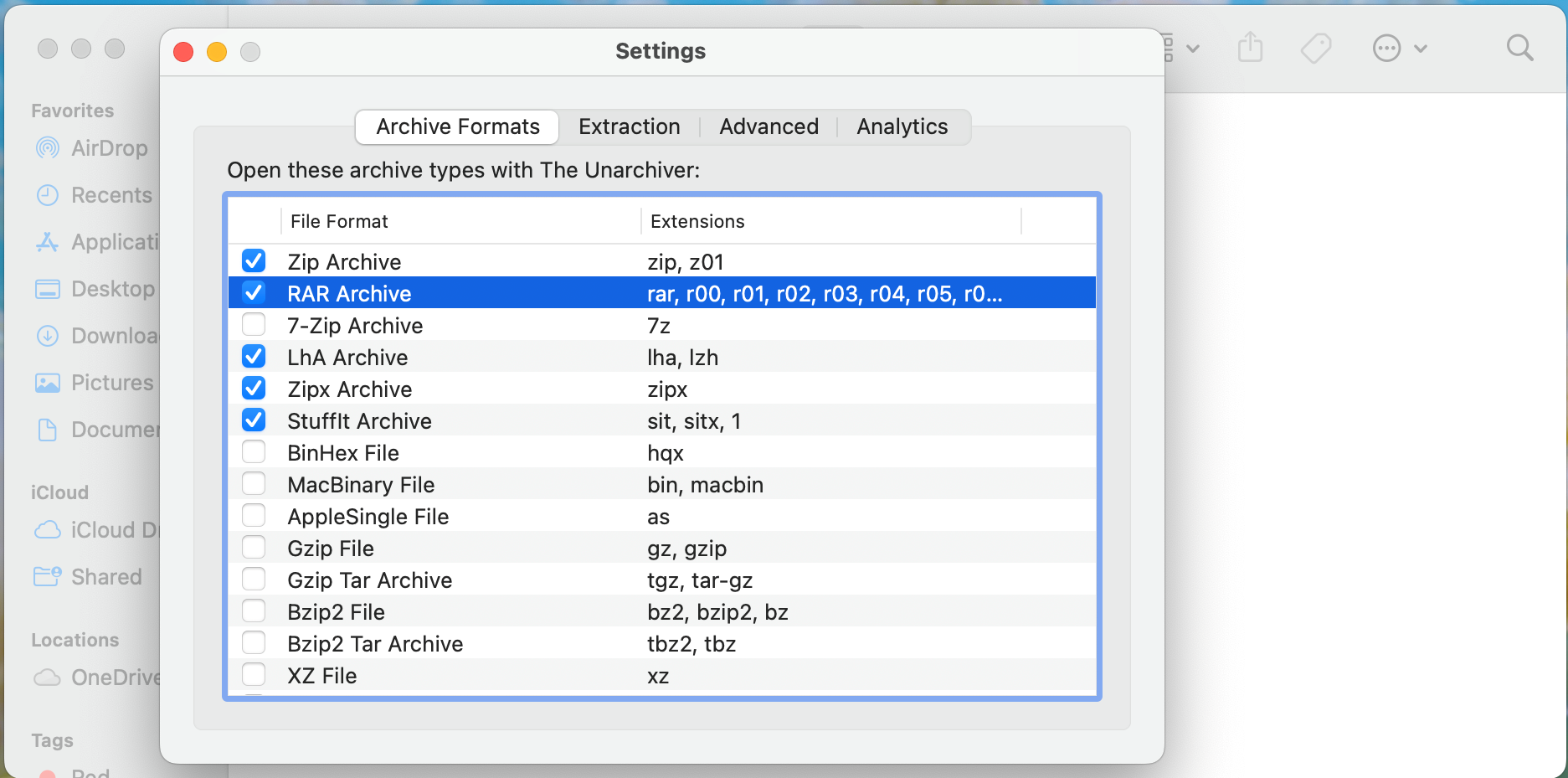 The file association options on Unarchiver.