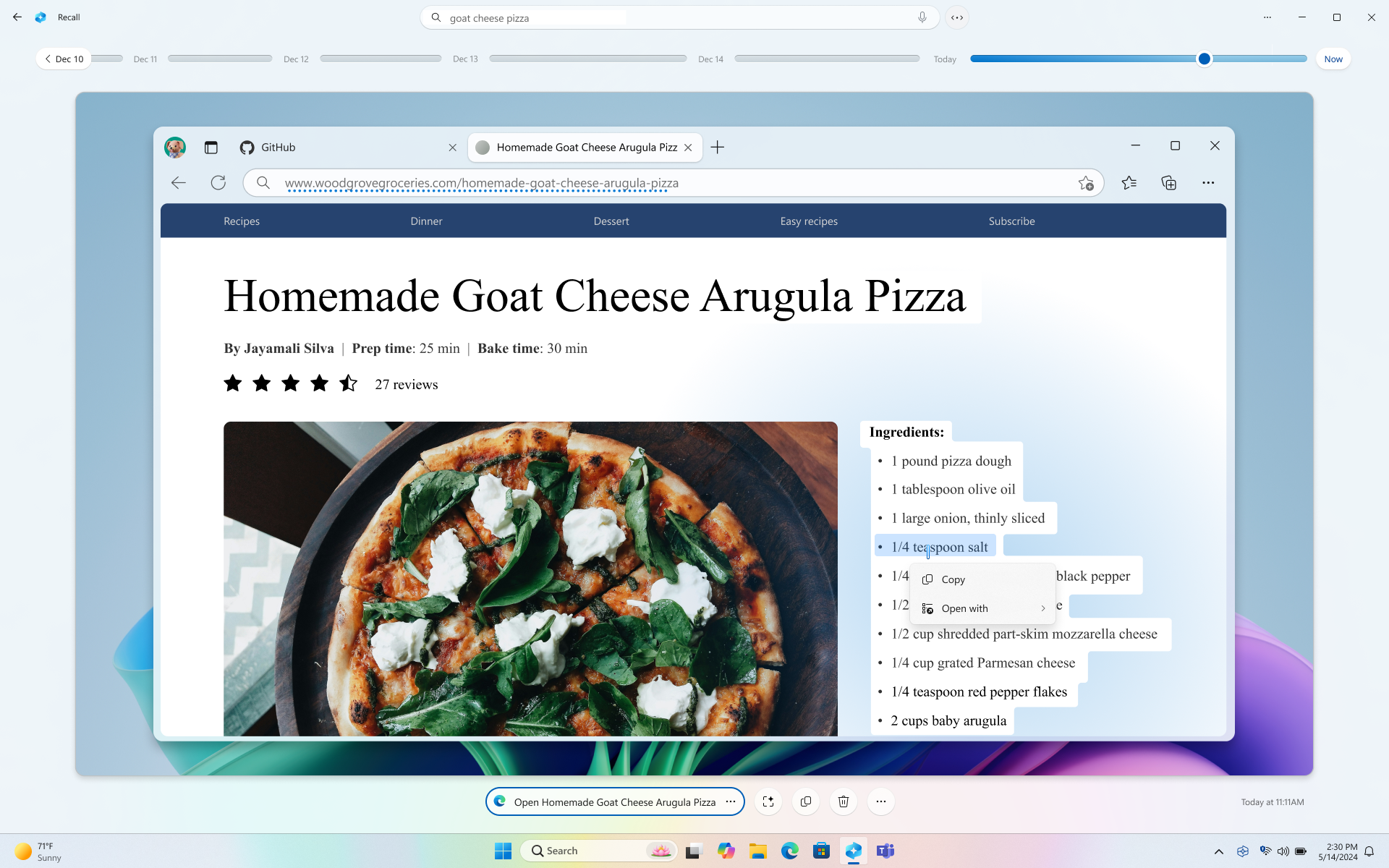 Microsoft Recall demonstration searching for Goat Chesse Pizza