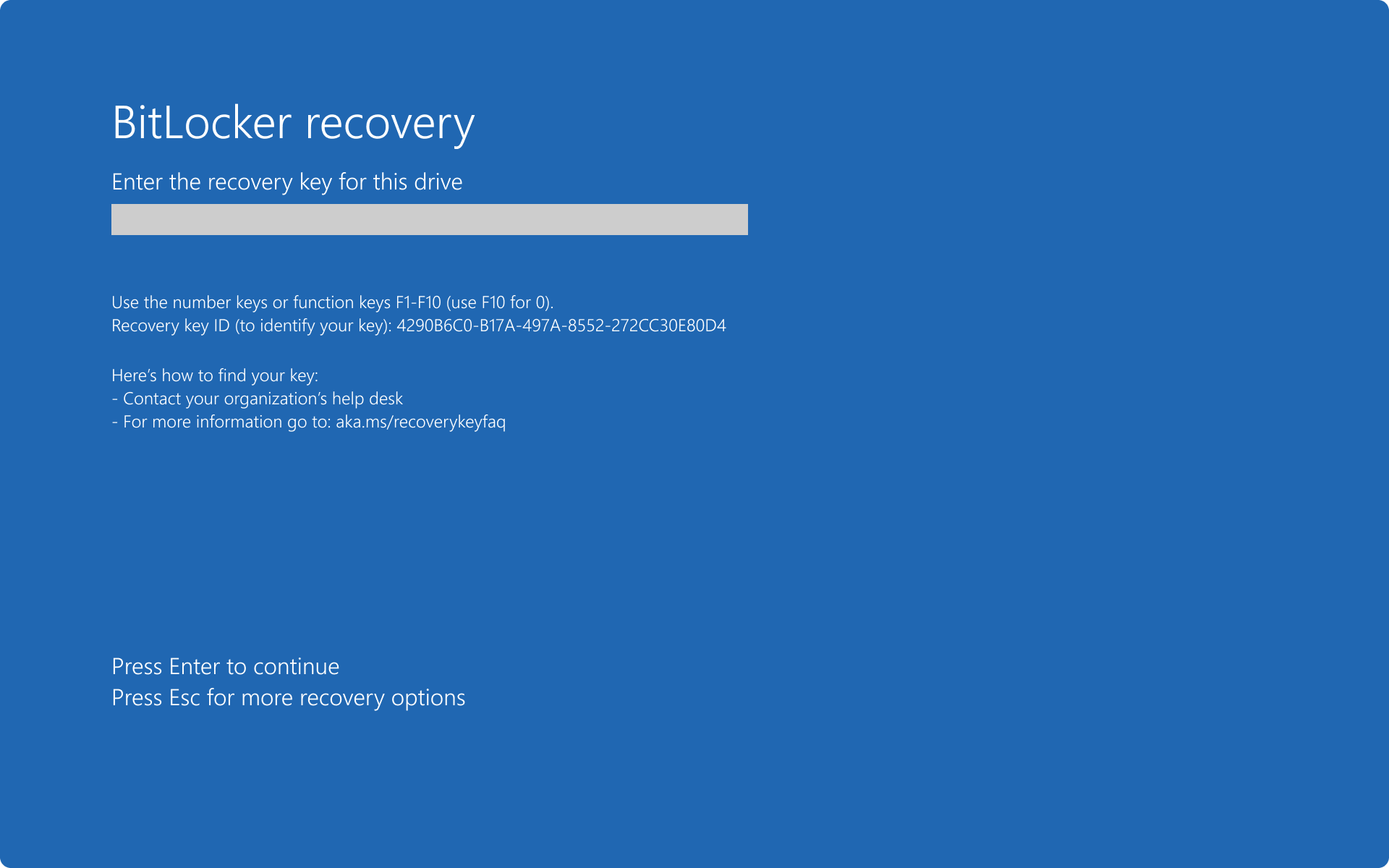 The BitLocker recovery screen on Microsoft Windows.