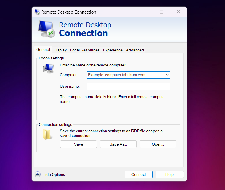 The remote desktop connections window.